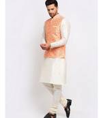 Men Cream Kurta and Churidar with Embroidered Peach Nehru jacket