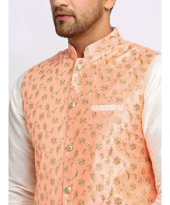 Men Cream Kurta and Churidar with Embroidered Peach Nehru jacket 5