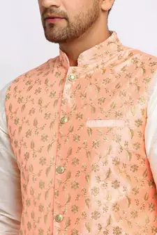 Men Cream Kurta and Churidar with Embroidered Peach Nehru jacket