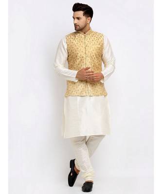 Men Cream Kurta and Churidar with Embroidered Fawn Nehru jacket 1