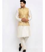 Men Cream Kurta and Churidar with Embroidered Fawn Nehru jacket