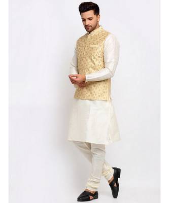 Men Cream Kurta and Churidar with Embroidered Fawn Nehru jacket 4