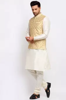 Men Cream Kurta and Churidar with Embroidered Fawn Nehru jacket