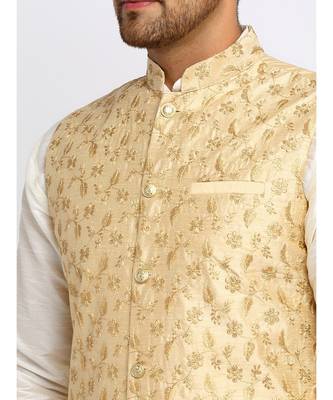 Men Cream Kurta and Churidar with Embroidered Fawn Nehru jacket 5