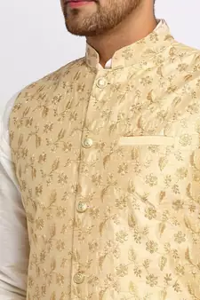 Men Cream Kurta and Churidar with Embroidered Fawn Nehru jacket