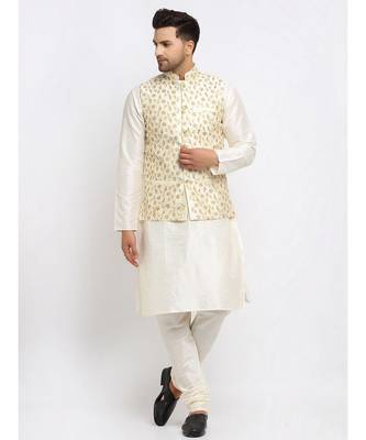 Men Cream Kurta and Churidar with Embroidered Cream Nehru jacket 1