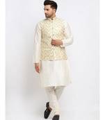 Men Cream Kurta and Churidar with Embroidered Cream Nehru jacket