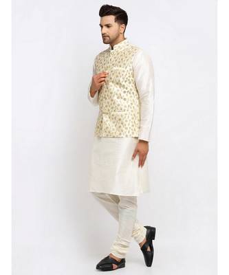 Men Cream Kurta and Churidar with Embroidered Cream Nehru jacket 4