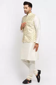 Men Cream Kurta and Churidar with Embroidered Cream Nehru jacket