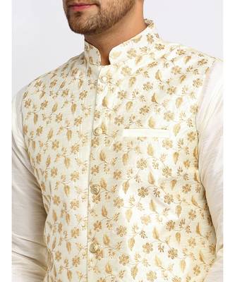 Men Cream Kurta and Churidar with Embroidered Cream Nehru jacket 5