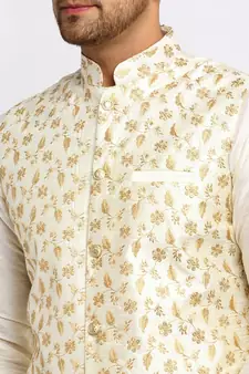 Men Cream Kurta and Churidar with Embroidered Cream Nehru jacket