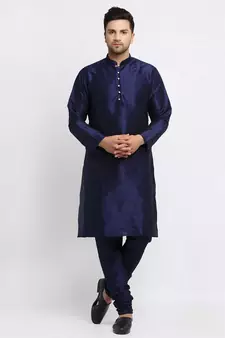 Men Navy Blue Kurta and Churidar with Embroidered Lime Green Nehru jacket