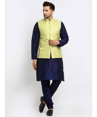 Men Navy Blue Kurta and Churidar with Embroidered Lime Green Nehru jacket 1