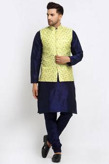 Men Navy Blue Kurta and Churidar with Embroidered Lime Green Nehru jacket