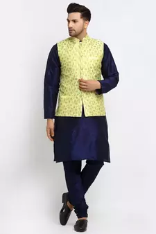 Men Navy Blue Kurta and Churidar with Embroidered Lime Green Nehru jacket