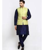 Men Navy Blue Kurta and Churidar with Embroidered Lime Green Nehru jacket