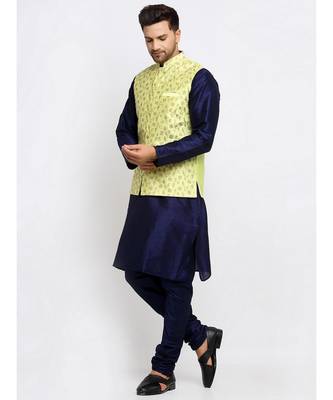 Men Navy Blue Kurta and Churidar with Embroidered Lime Green Nehru jacket 5