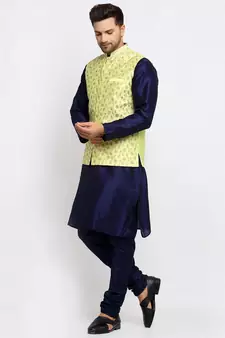 Men Navy Blue Kurta and Churidar with Embroidered Lime Green Nehru jacket