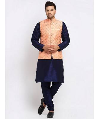 Men Navy Blue Kurta and Churidar with Embroidered Peach Nehru jacket 5