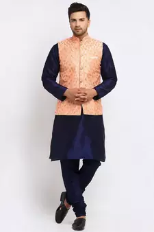 Men Navy Blue Kurta and Churidar with Embroidered Peach Nehru jacket