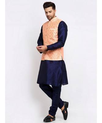 Men Navy Blue Kurta and Churidar with Embroidered Peach Nehru jacket 1
