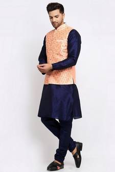 Men Navy Blue Kurta and Churidar with Embroidered Peach Nehru jacket