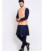 Men Navy Blue Kurta and Churidar with Embroidered Peach Nehru jacket