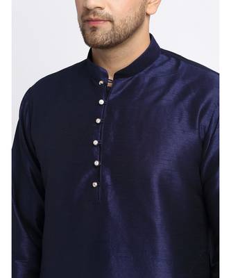 Men Navy Blue Kurta and Churidar with Embroidered Red Nehru jacket 3