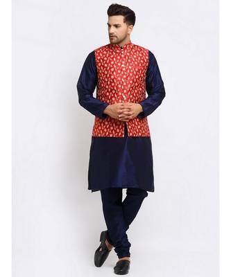 Men Navy Blue Kurta and Churidar with Embroidered Red Nehru jacket 5