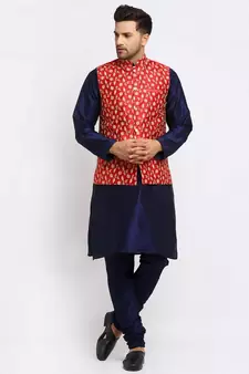Men Navy Blue Kurta and Churidar with Embroidered Red Nehru jacket
