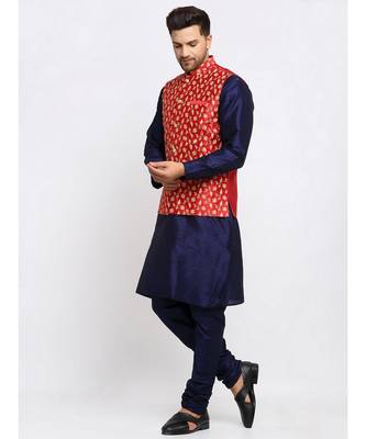 Men Navy Blue Kurta and Churidar with Embroidered Red Nehru jacket 1