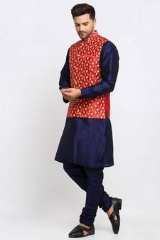 Men Navy Blue Kurta and Churidar with Embroidered Red Nehru jacket