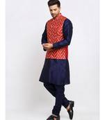 Men Navy Blue Kurta and Churidar with Embroidered Red Nehru jacket