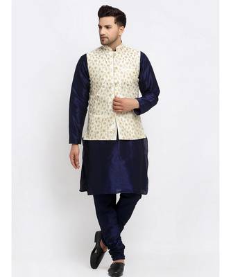 Men Navy Blue Kurta and Churidar with Embroidered Cream Nehru jacket 1