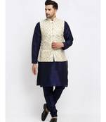 Men Navy Blue Kurta and Churidar with Embroidered Cream Nehru jacket
