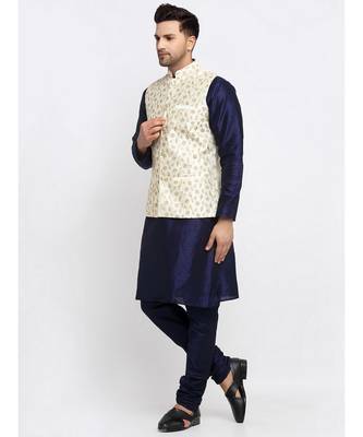 Men Navy Blue Kurta and Churidar with Embroidered Cream Nehru jacket 5