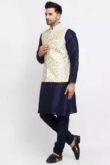 Men Navy Blue Kurta and Churidar with Embroidered Cream Nehru jacket