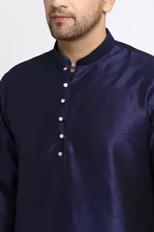 Silk Embroidered Navy Blue Kurta Jacket Set for Men's 