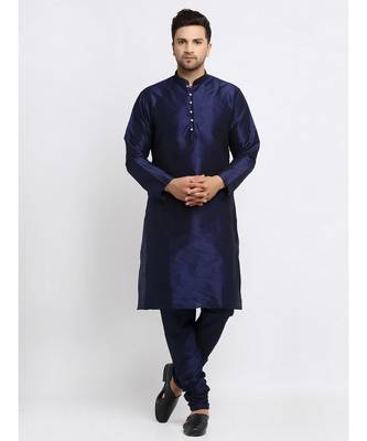 Silk Embroidered Navy Blue Kurta Jacket Set for Men's  4