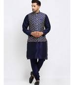 Silk Embroidered Navy Blue Kurta Jacket Set for Men's 