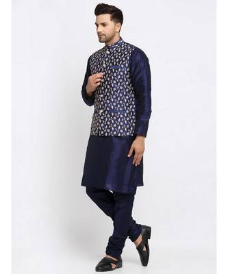 Silk Embroidered Navy Blue Kurta Jacket Set for Men's  5