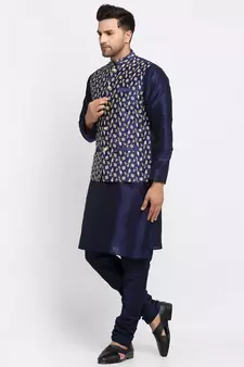 Silk Embroidered Navy Blue Kurta Jacket Set for Men's 
