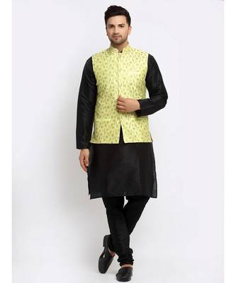 Men Black Kurta and Churidar with Embroidered Lime Green Nehru jacket 1