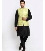 Men Black Kurta and Churidar with Embroidered Lime Green Nehru jacket