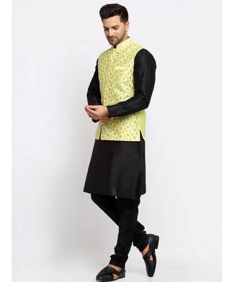 Men Black Kurta and Churidar with Embroidered Lime Green Nehru jacket 5