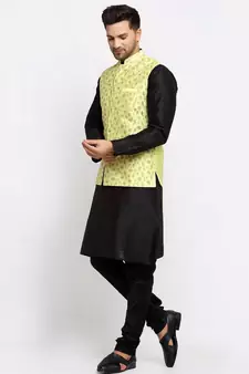 Men Black Kurta and Churidar with Embroidered Lime Green Nehru jacket