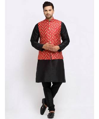 Men Black Kurta and Churidar with Embroidered Red Nehru jacket 1