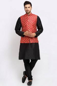 Men Black Kurta and Churidar with Embroidered Red Nehru jacket
