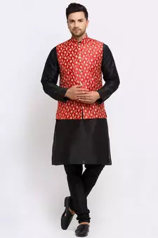 Men Black Kurta and Churidar with Embroidered Red Nehru jacket