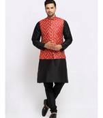 Men Black Kurta and Churidar with Embroidered Red Nehru jacket
